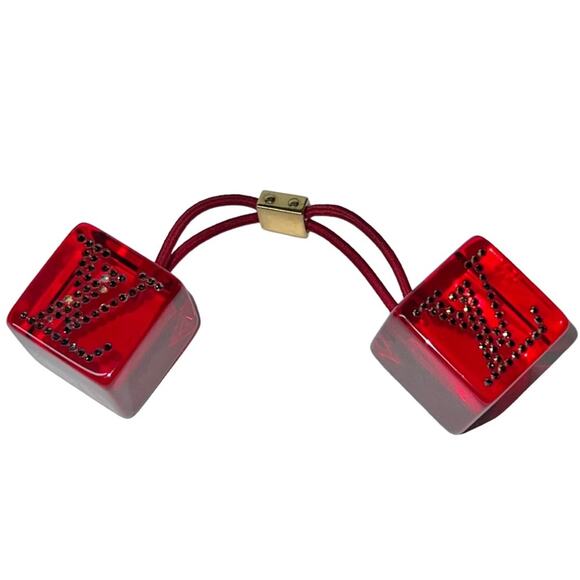 AUTH Louis Vuitton Red Lucite Rhinestone LV Logo Jumbo Hair Tie Cube Bobble - Picture 3 of 16